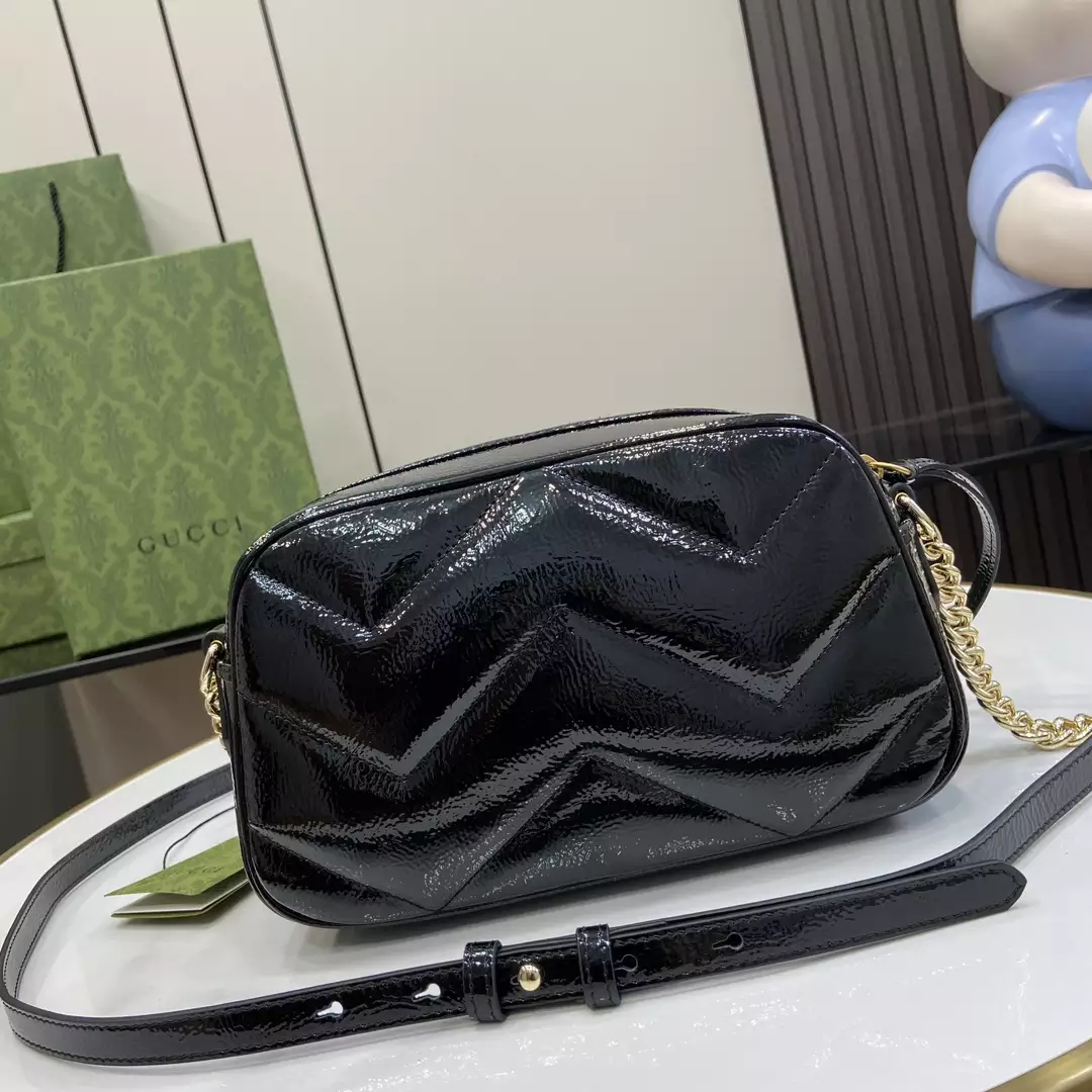 GG Marmont Small Shoulder Bag Black Quilted Chevron Patent Leather – GB340