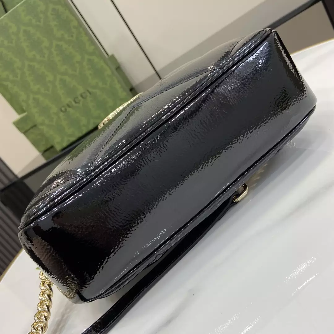 GG Marmont Small Shoulder Bag Black Quilted Chevron Patent Leather – GB340