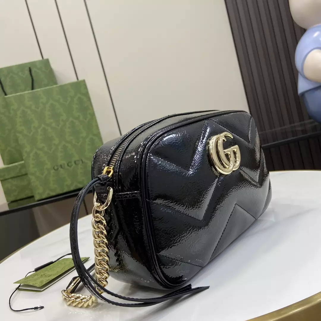 GG Marmont Small Shoulder Bag Black Quilted Chevron Patent Leather – GB340