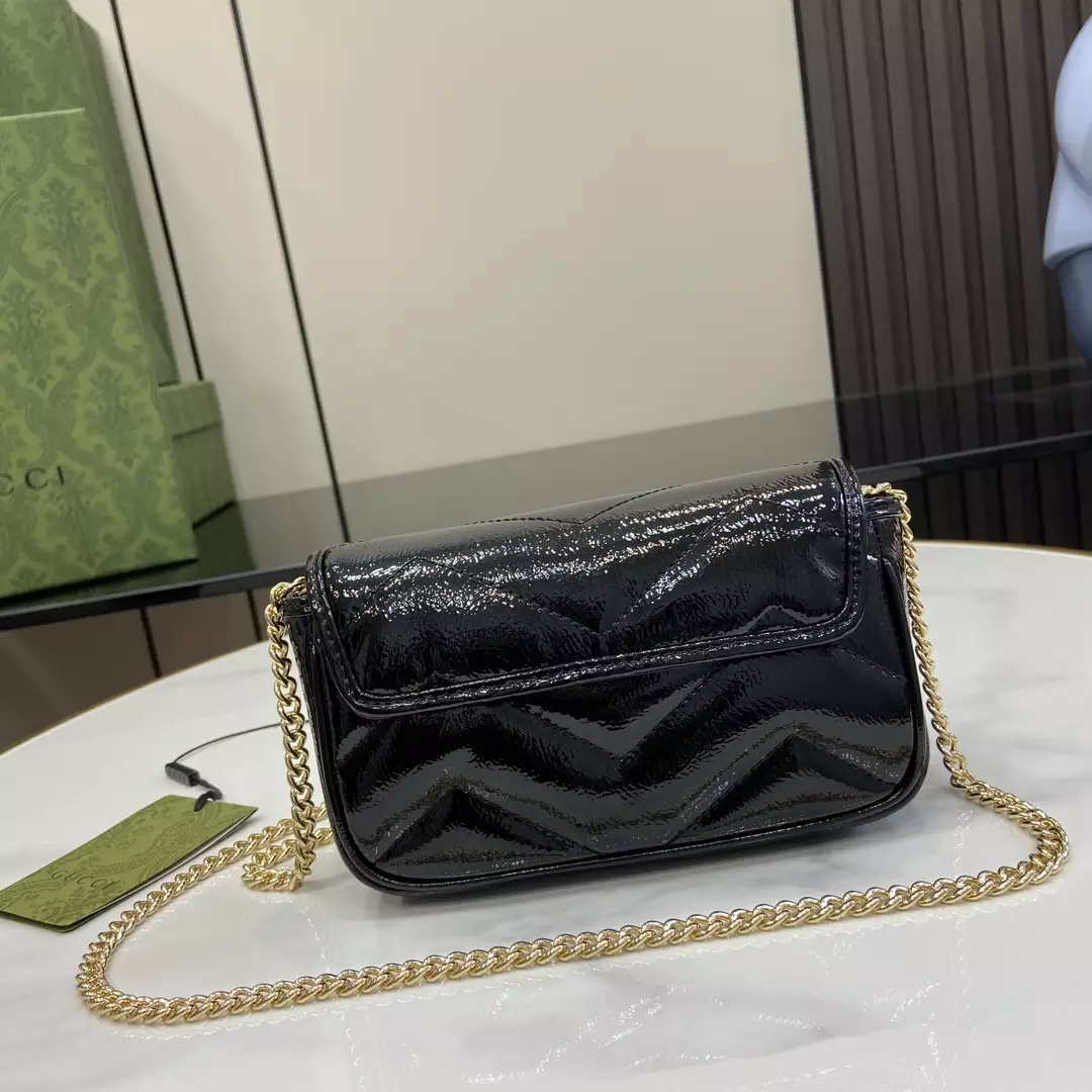 GG Marmont Super Mini Bag Black Quilted Chevron Patent Leather