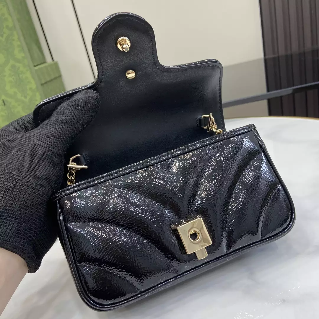 GG Marmont Super Mini Bag Black Quilted Chevron Patent Leather