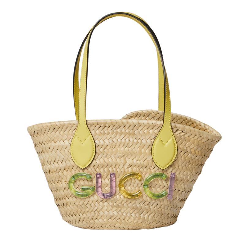 mini straw tote with G*u*i logo in natural woven straw