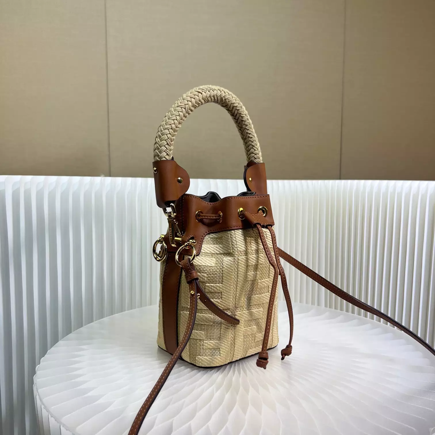 Mon Tresor Natural Straw Mini-Bag with FF Embroidery