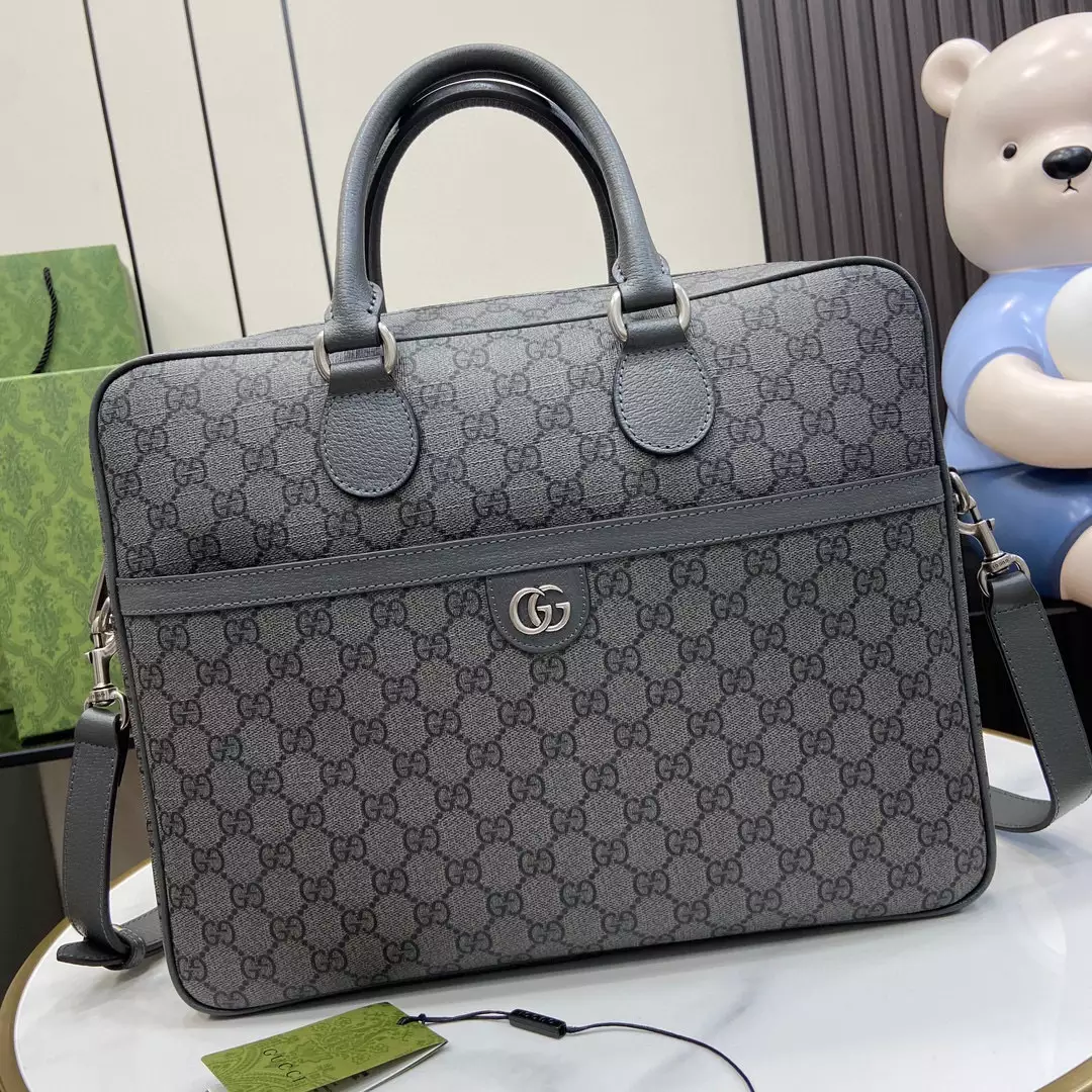 Ophidia Medium GG Briefcase in Dark Grey and Black GG Supreme
