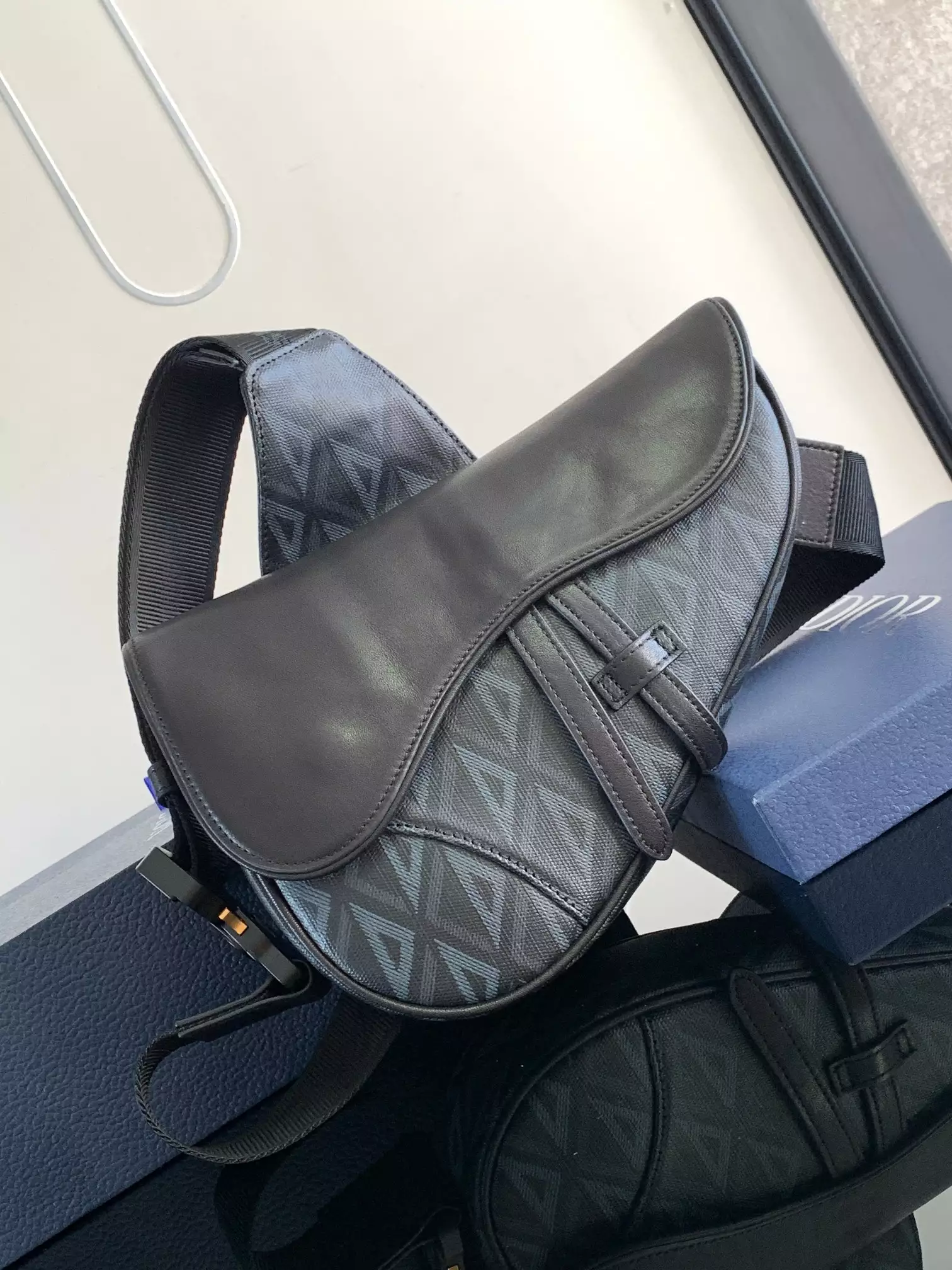 Saddle Bag Black CD Diamond Canvas and Black Smooth Calfskin