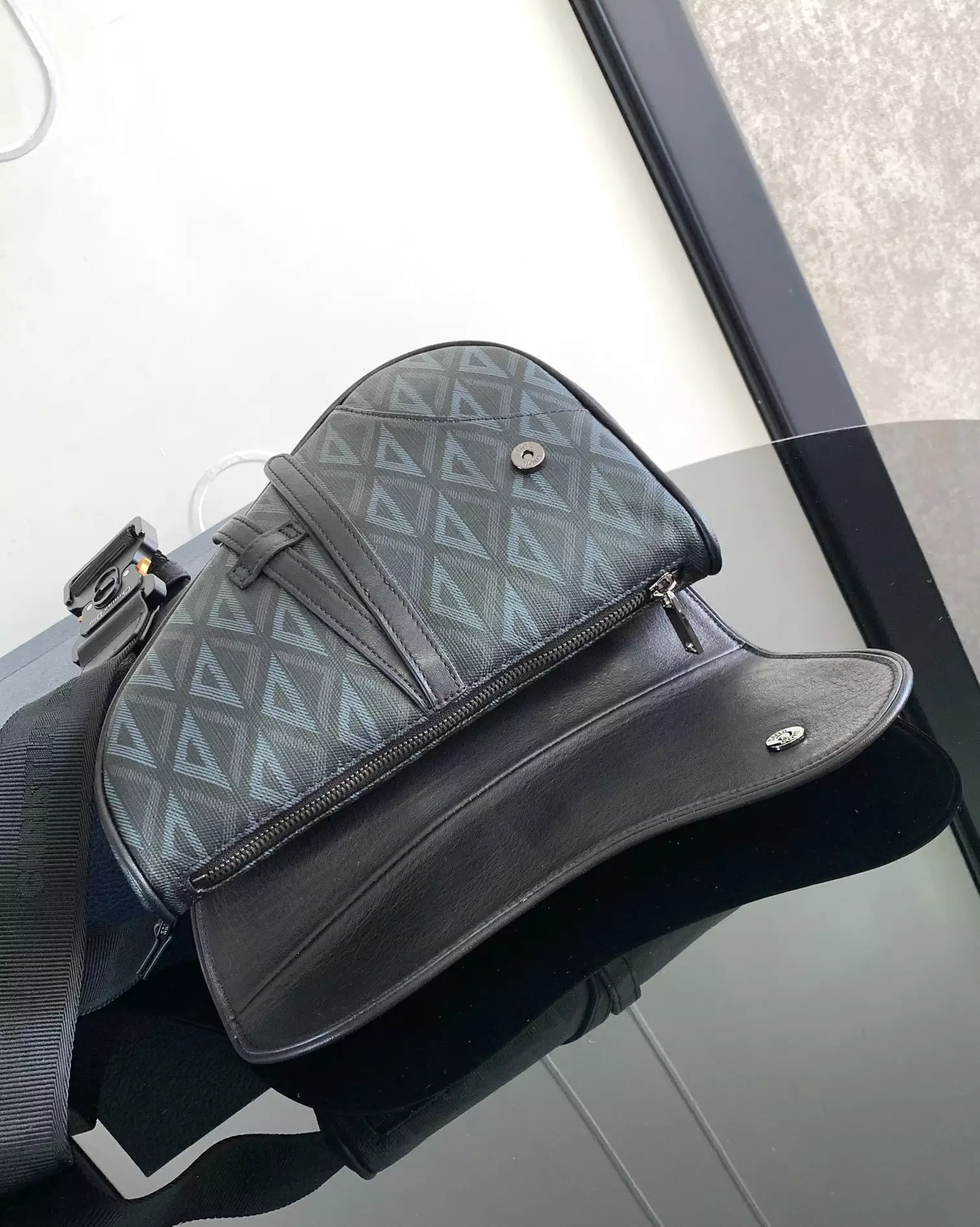 Saddle Bag Black CD Diamond Canvas and Black Smooth Calfskin