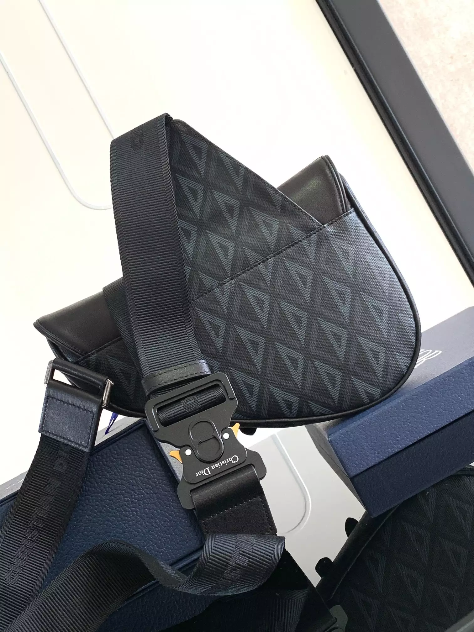 Saddle Bag Black CD Diamond Canvas and Black Smooth Calfskin