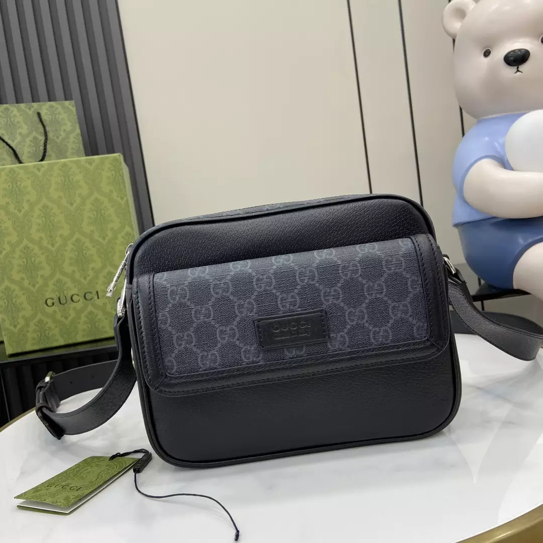 Small GG Crossbody Bag with Tag in Black Leather