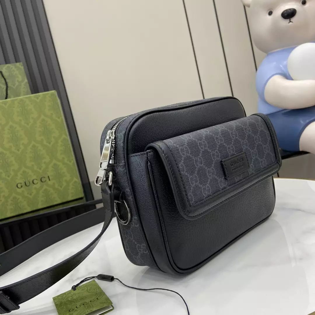 Small GG Crossbody Bag with Tag in Black Leather