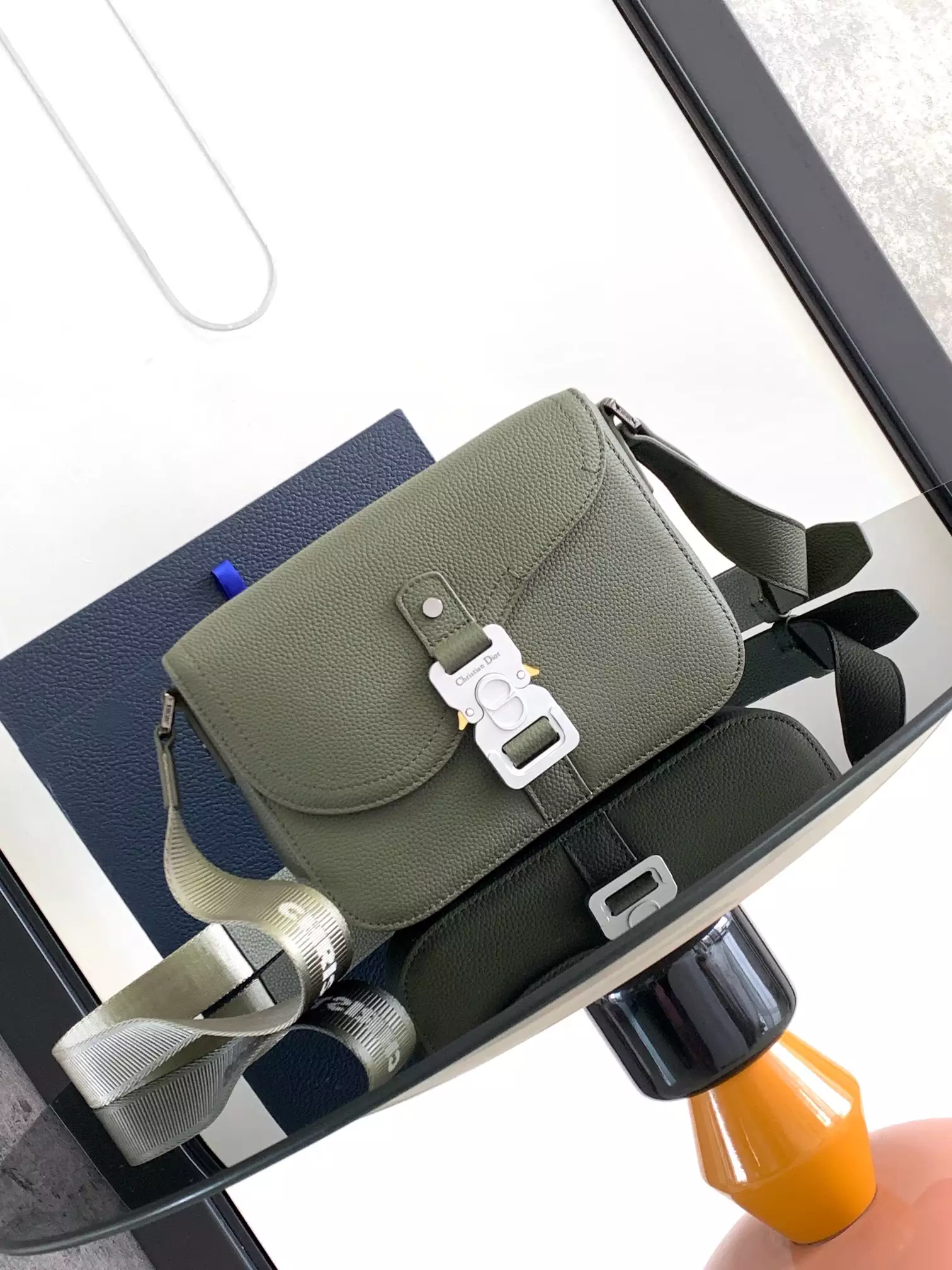 Small Saddle Messenger Bag with Flap Khaki Grained Calfskin