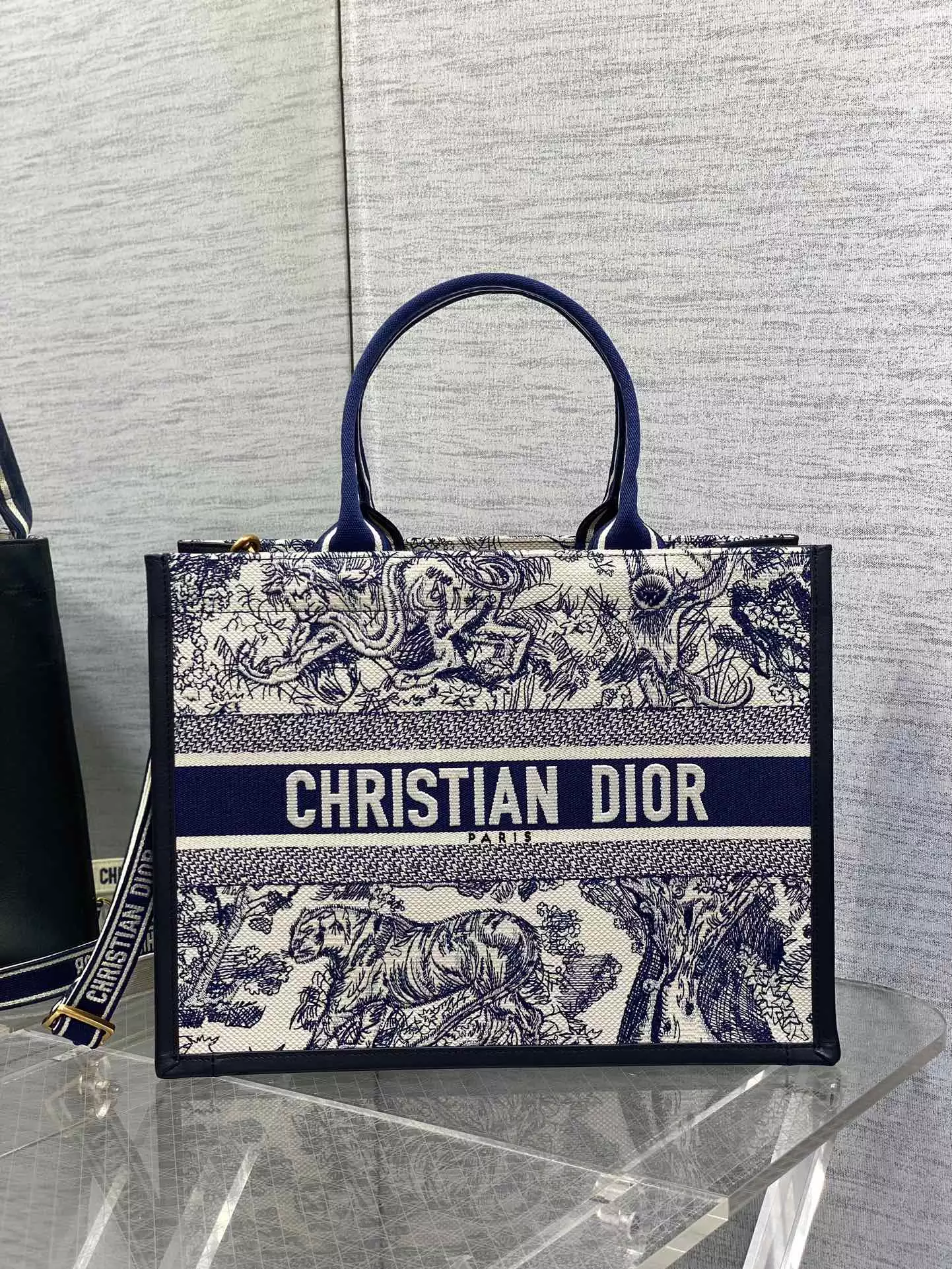 Medium Dior Book Tote White and Navy Blue Toile de Jouy Sauvage Embroidery with Navy Blue Calfskin