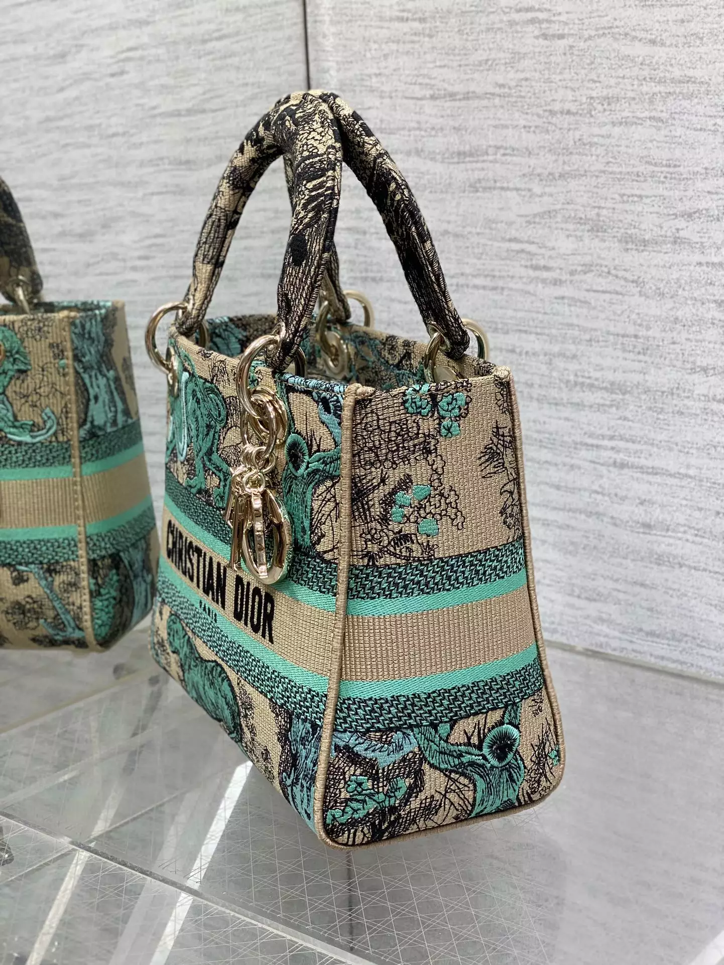 Medium Dioriviera Lady D-Lite Bag Raffia with Aquamarina Toile de Jouy Sauvage Embroidery