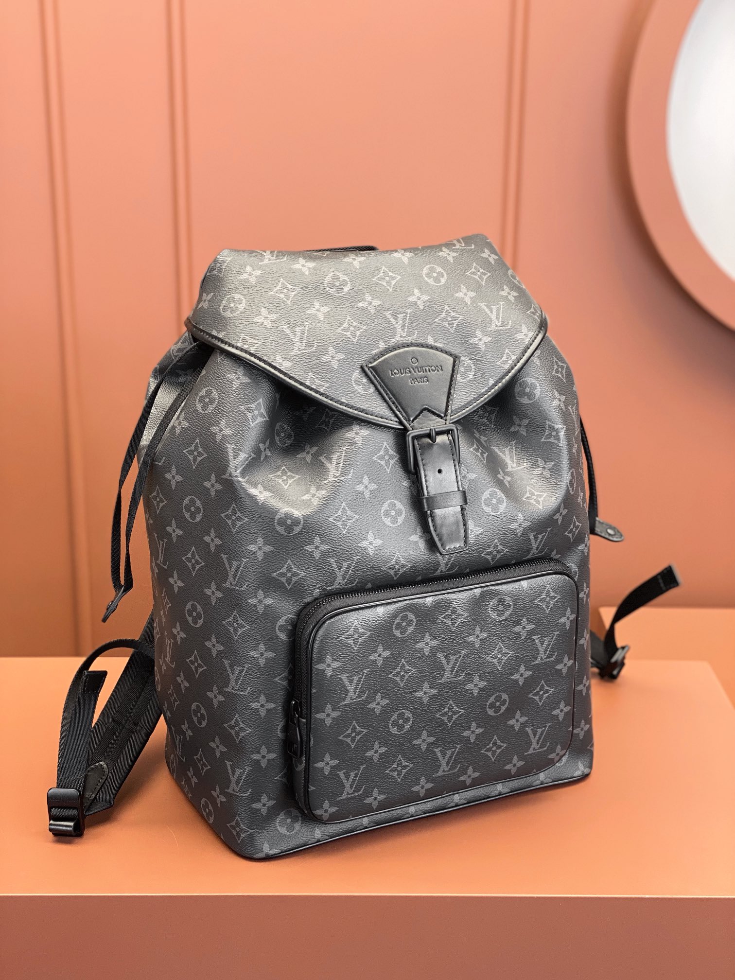 Montsouris Backpack Monogram Eclipse Canvas and Black Leather