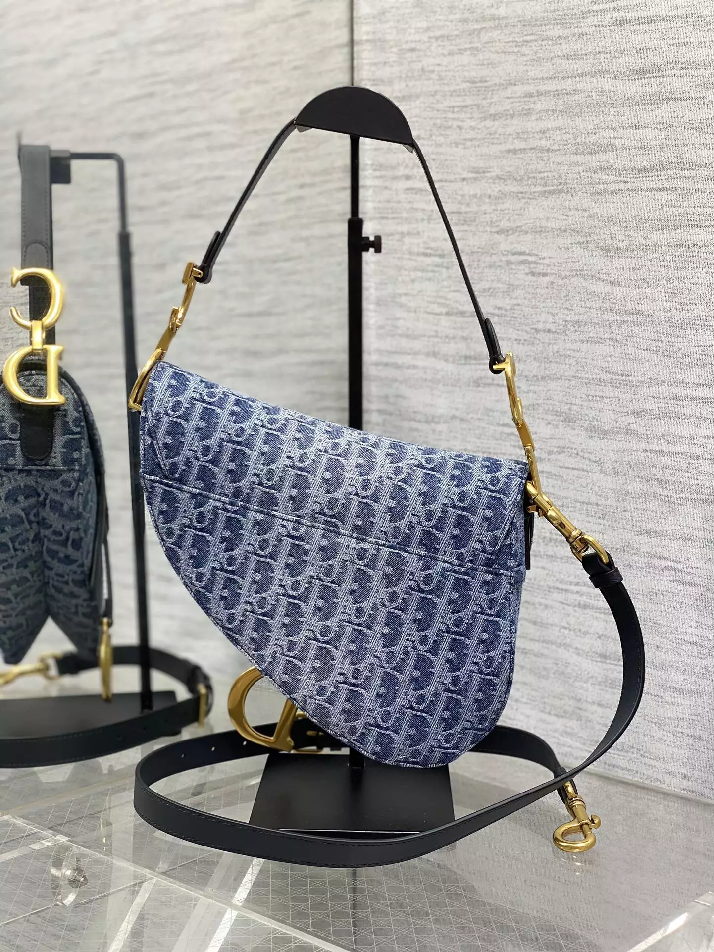 Saddle Bag with Strap Blue Denim Dior Oblique Jacquard