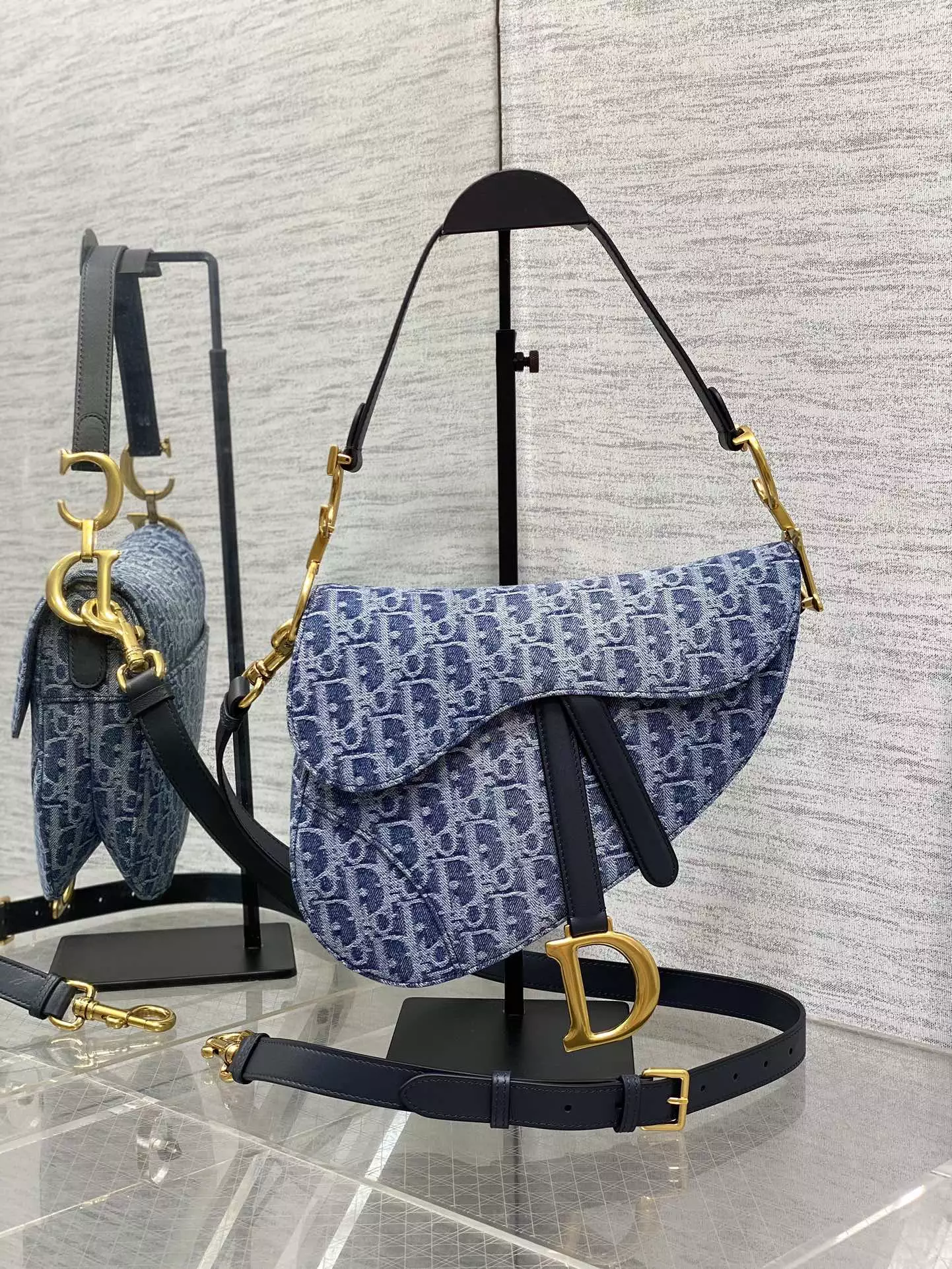 Saddle Bag with Strap Blue Denim Dior Oblique Jacquard