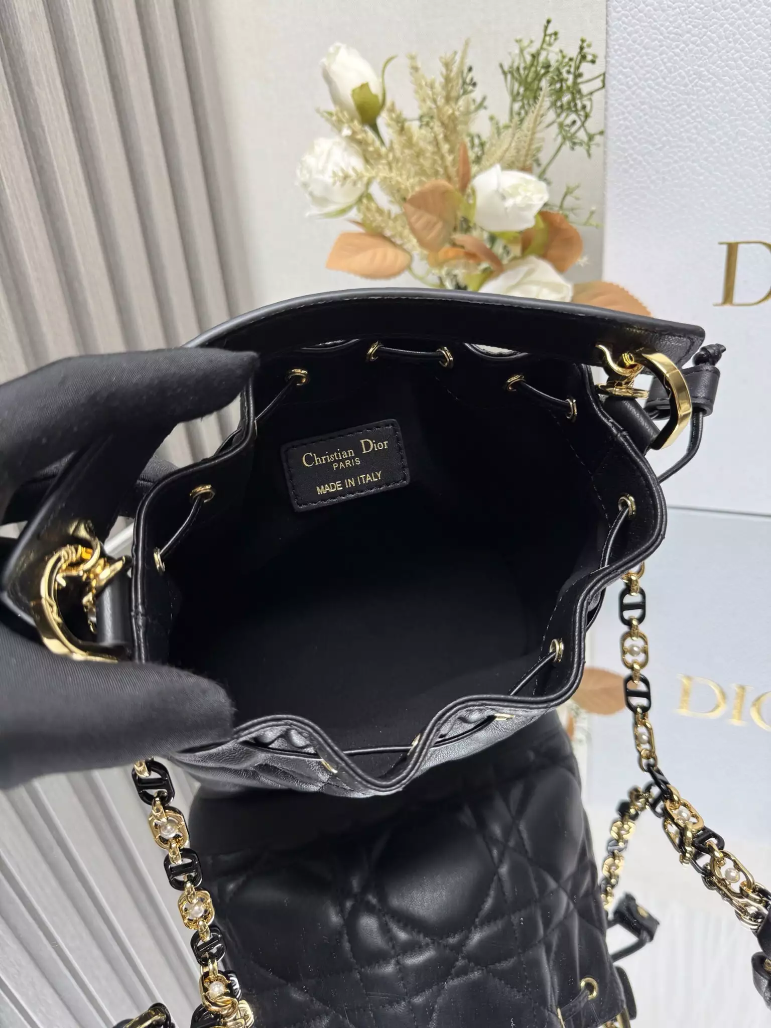 Small Dior Jolie Bucket Bag Black Macrocannage Calfskin